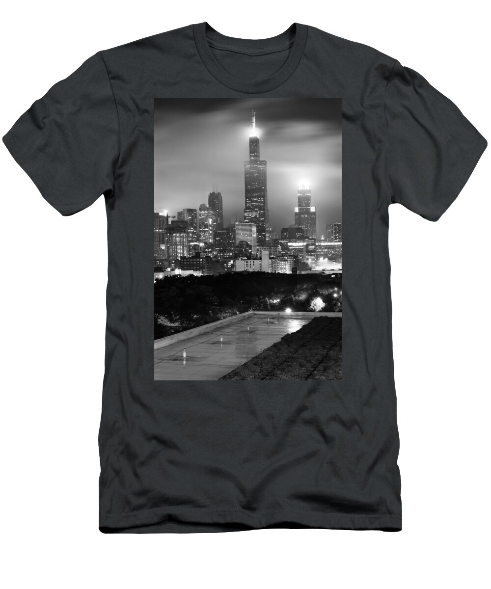 America T-Shirt featuring the photograph Chicago Skyline from the Rooftop - Black and White by Gregory Ballos