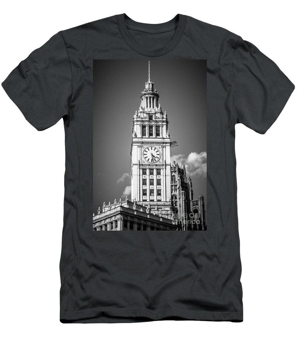 America T-Shirt featuring the photograph Chicago Wrigley Building Clock Black and White Picture by Paul Velgos