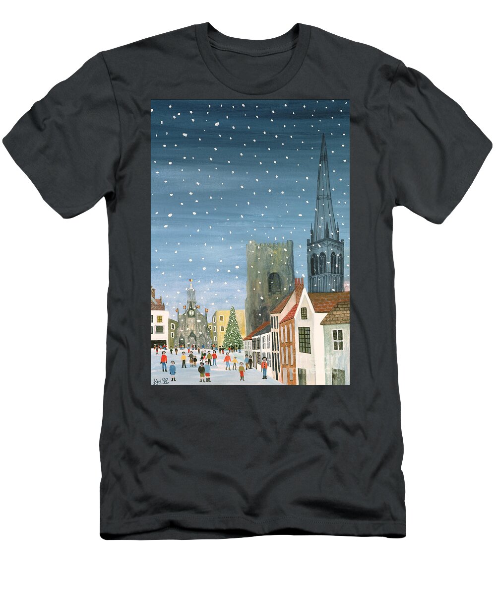 Winter; Snowy; Snowing; West Sussex; Gothic Architecture; Ecclesiastical; Christmas Tree; Festive Season; Crowd; Community; City; Spire; Nocturne; Naive T-Shirt featuring the painting Chichester Cathedral A Snow Scene by Judy Joel