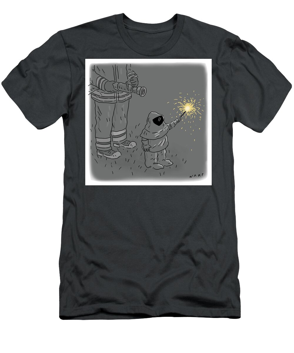 Cartoon T-Shirt featuring the drawing Child Wearing A Hazmat Suit Holding A Sparkler by Kim Warp