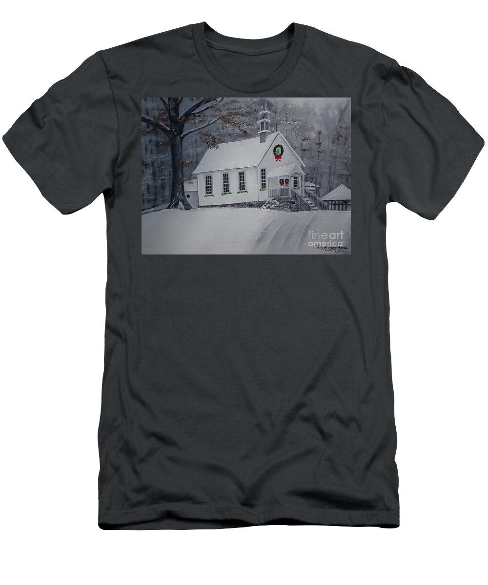 Christmas T-Shirt featuring the painting Christmas Card - Snow - Gates Chapel by Jan Dappen