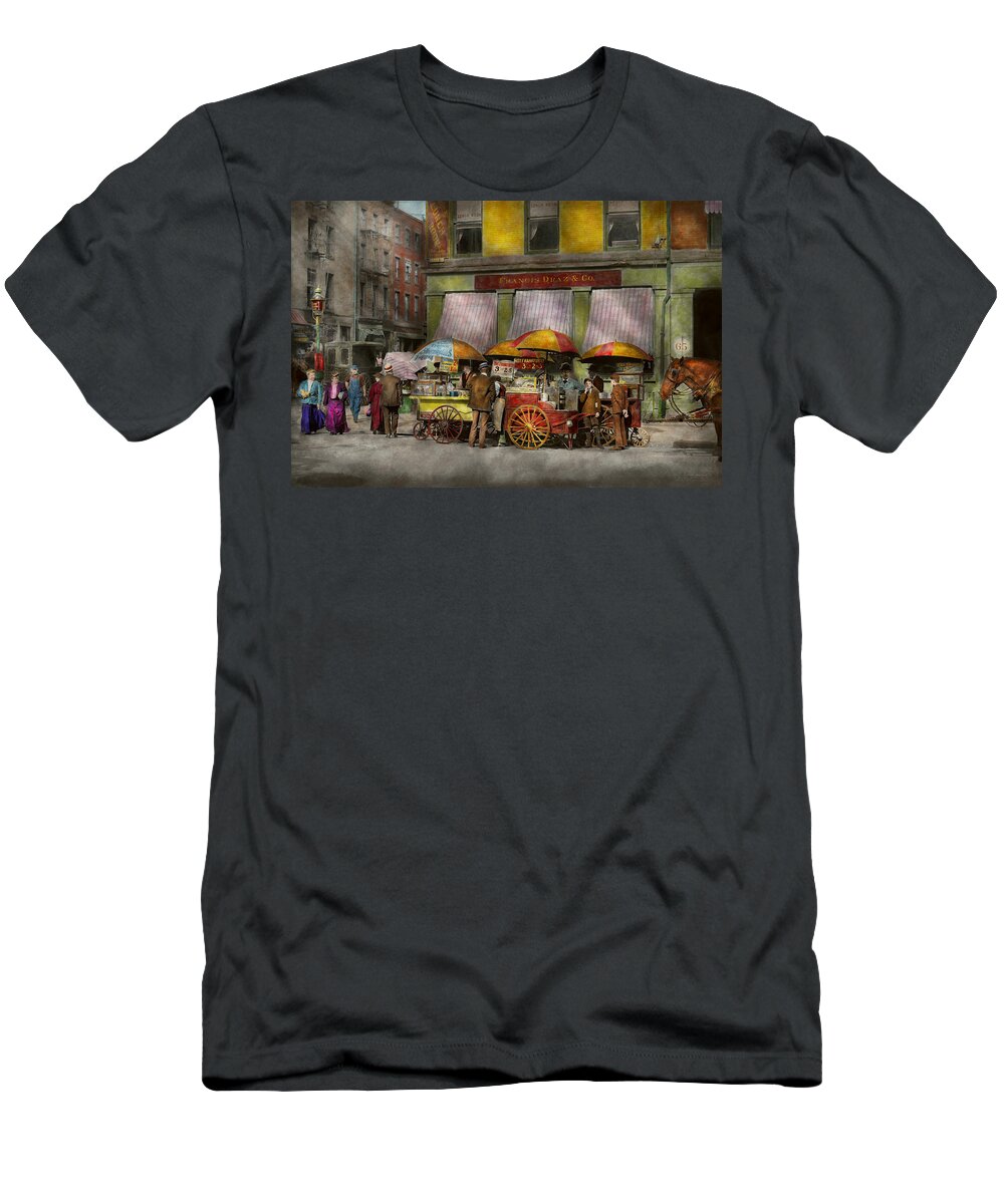 Self T-Shirt featuring the photograph City - NY- Lunch carts on Broadway St NY - 1906 by Mike Savad