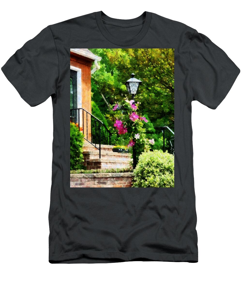 Lamp Post T-Shirt featuring the photograph Clematis on a Lamp Post by Susan Savad