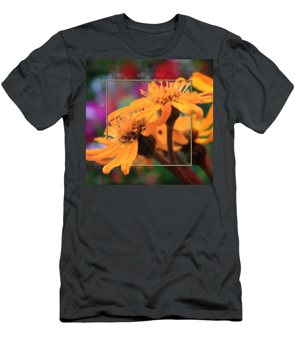 Vibrant Yellow Flower T-Shirt featuring the photograph Color Pizzaz With Collaged Textures by Sandra Foster