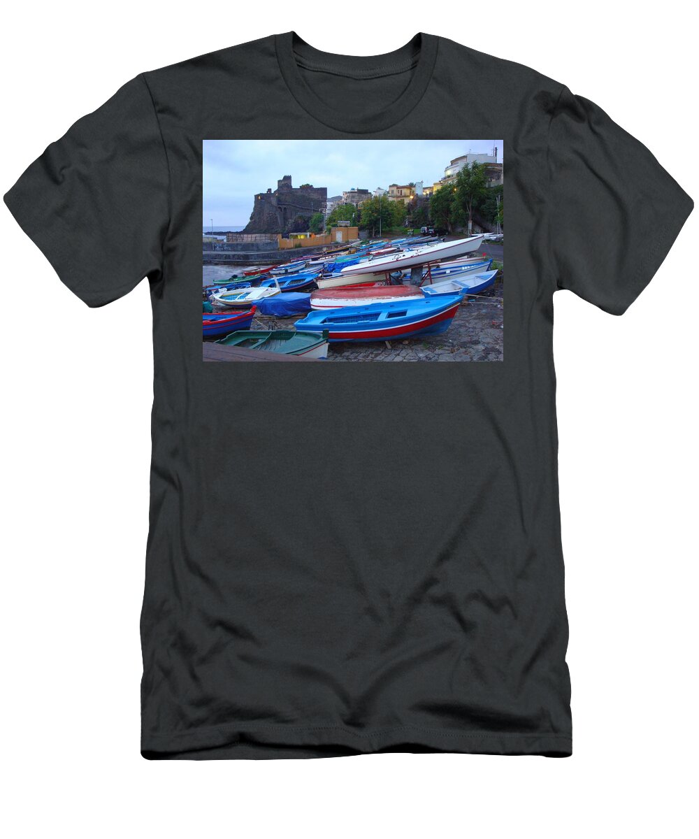Colorful T-Shirt featuring the photograph Colorful Wooden Fishing Boats of Aci Castello Sicily with 11th Century Norman Castle by Jeff at JSJ Photography