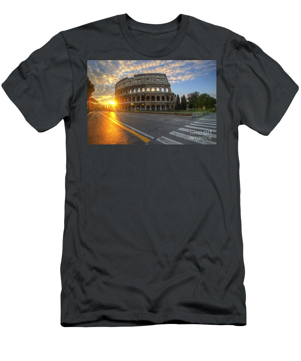 Yhun Suarez T-Shirt featuring the photograph Colosseo Golden Sunrise by Yhun Suarez
