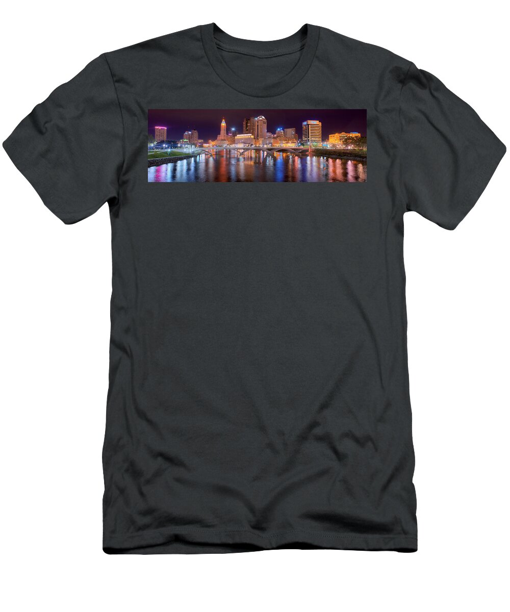 #faatoppicks T-Shirt featuring the photograph Columbus Skyline at Night Color Panorama Ohio by Jon Holiday