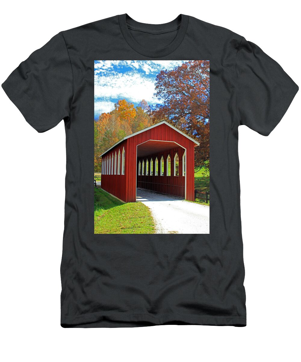 Red Covered Bridge T-Shirt featuring the photograph Covered Bridge by Jennifer Robin