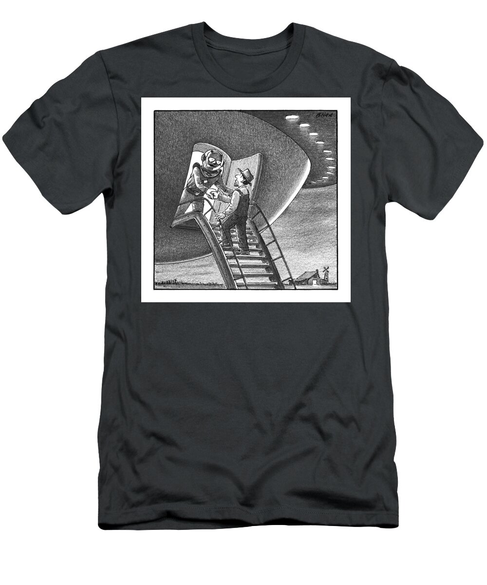 Cctk Alien T-Shirt featuring the drawing Cowboy Walks Up To A Ufo Greeted By An Alien by Harry Bliss