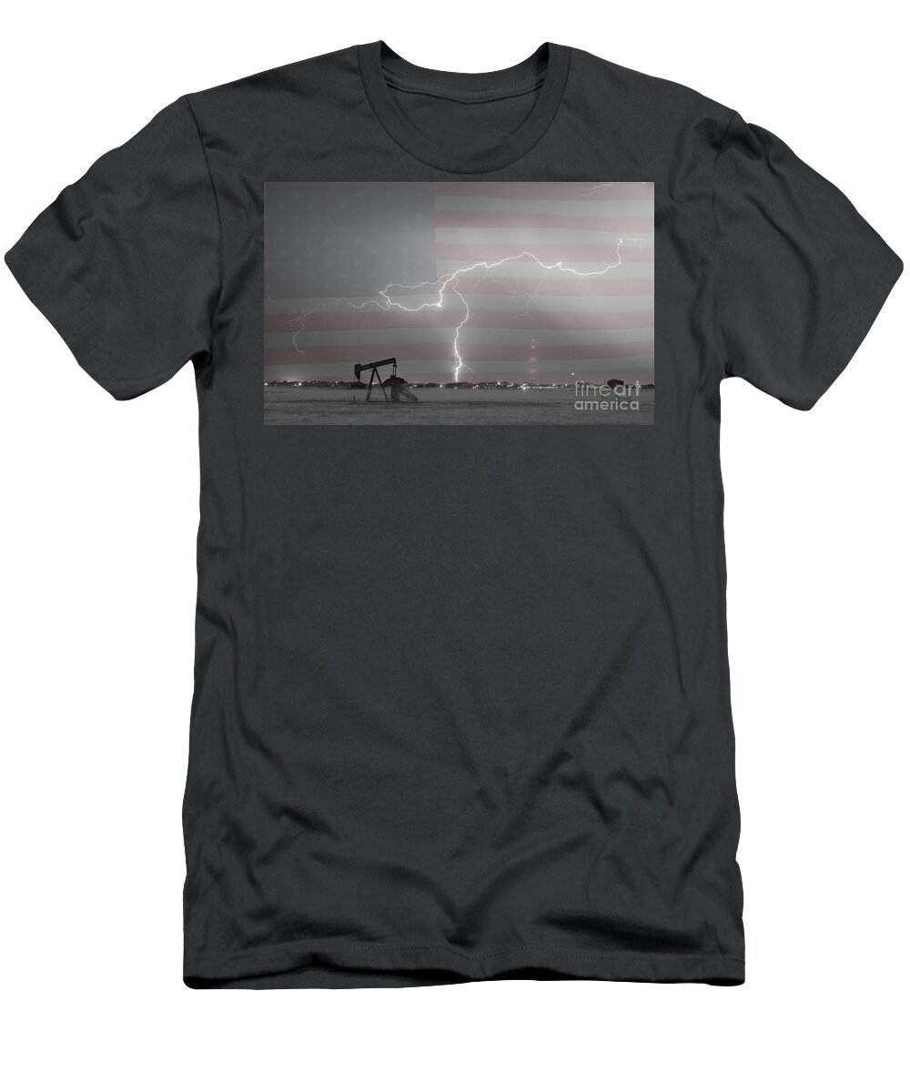 Lightning T-Shirt featuring the photograph Crude Oil and Natural Gas Striking Across America BWSC by James BO Insogna