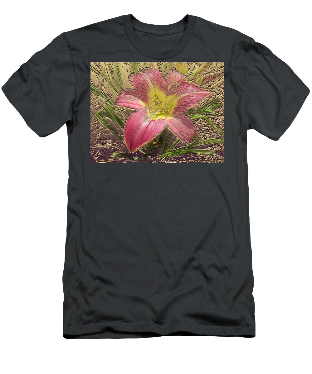 Floral T-Shirt featuring the mixed media Daylily In Gold Leaf by Steve Karol