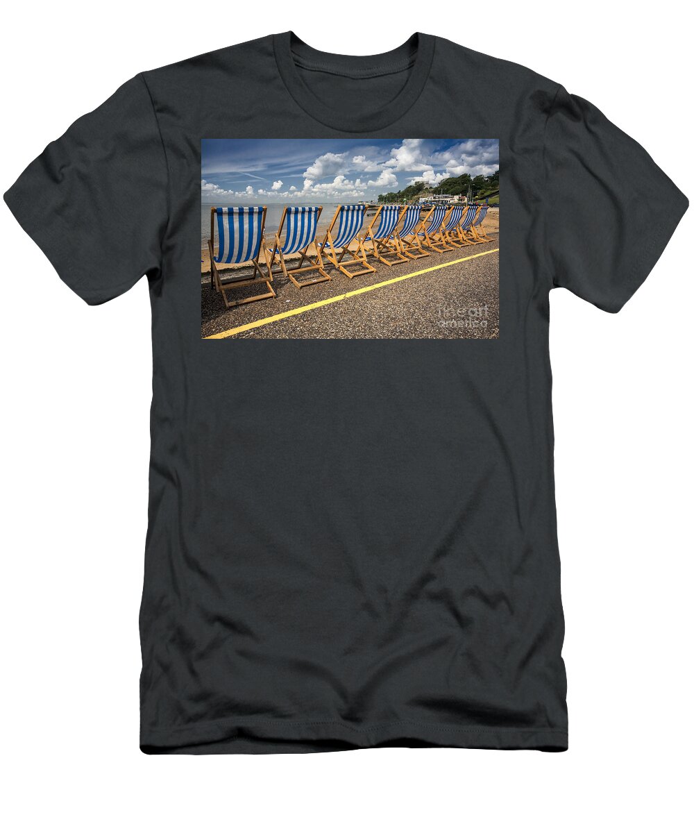 Empty Deckchairs T-Shirt featuring the photograph Deckchairs at Southend by Sheila Smart Fine Art Photography