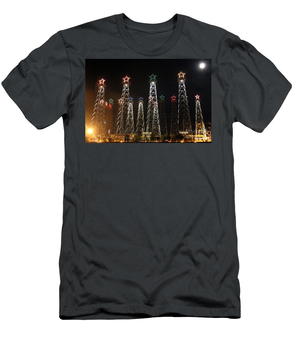 Oil Derricks T-Shirt featuring the photograph Derricks Under A Full Moon by Kathy White