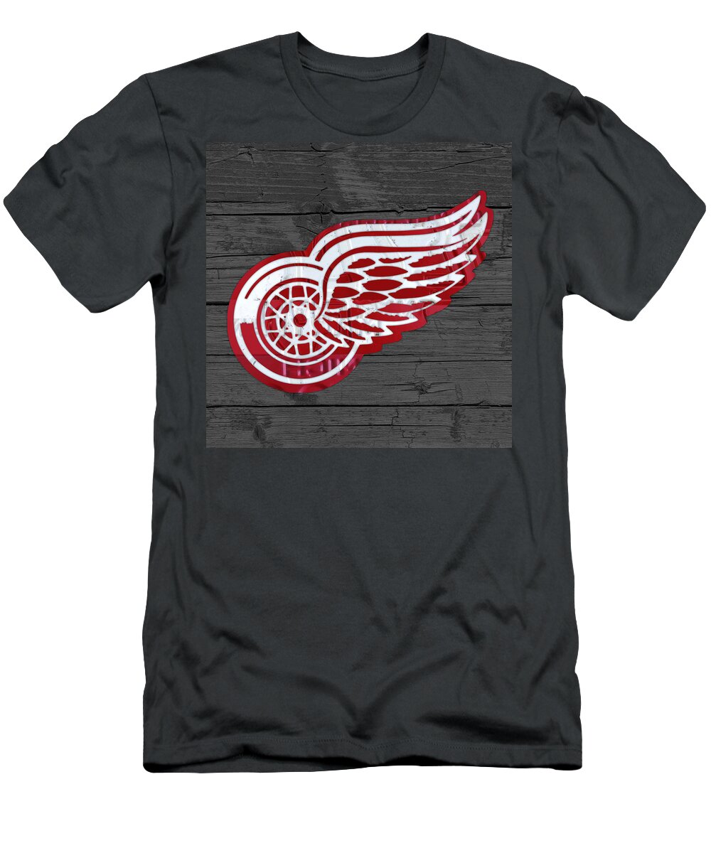Detroit T-Shirt featuring the mixed media Detroit Red Wings Recycled Vintage Michigan License Plate Fan Art on Distressed Wood by Design Turnpike