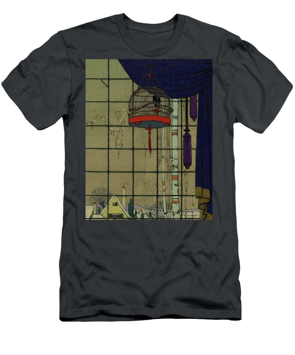 Animal T-Shirt featuring the digital art Drawing Of A Bid In A Cage In Front Of A Window by H. George Brandt