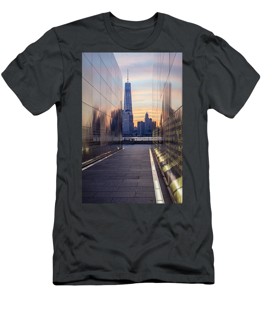 Financial District T-Shirt featuring the photograph Empty Sky Memorial And The Freedom Tower by Susan Candelario