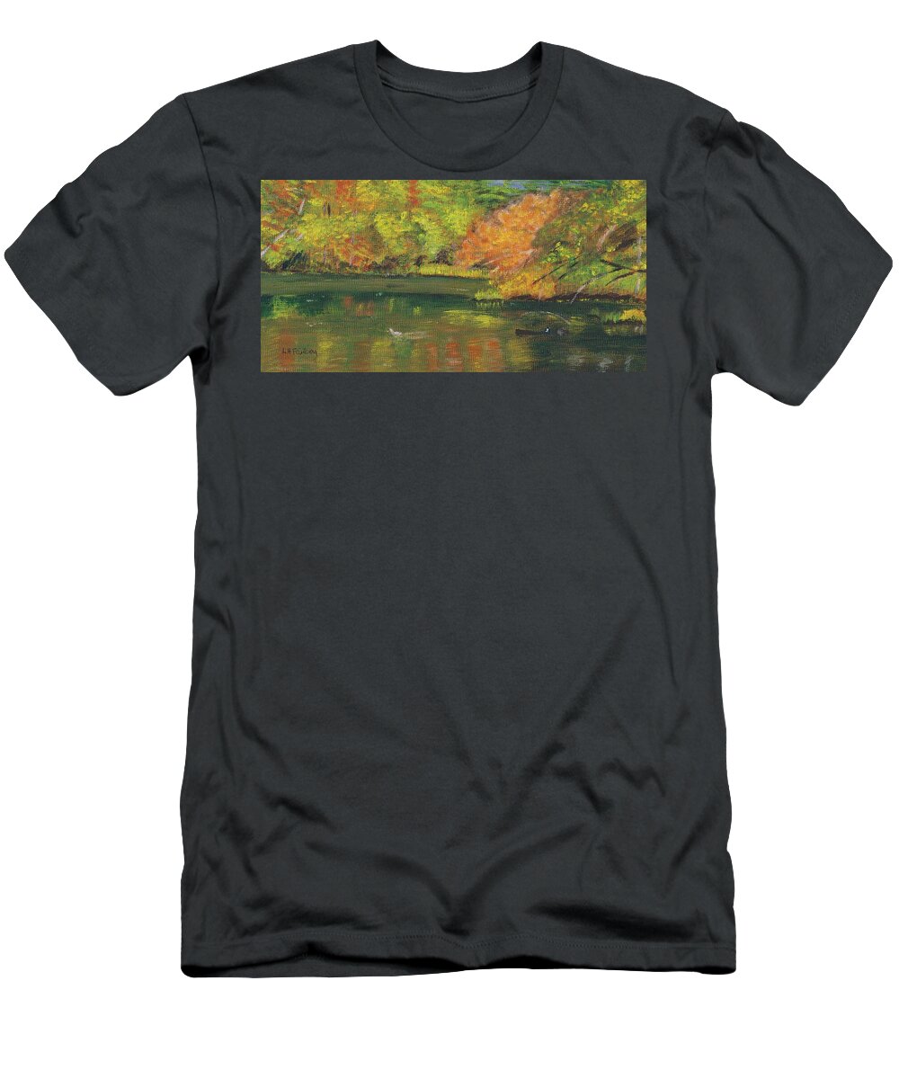 Fall T-Shirt featuring the painting Fall at Dorrs Pond by Linda Feinberg