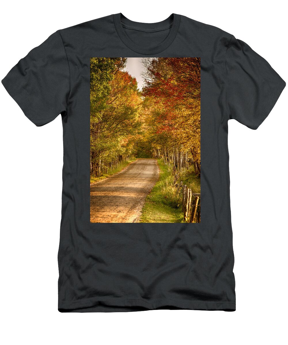 Autumn Foliage New England T-Shirt featuring the photograph Fall color along a Peacham Vermont backroad by Jeff Folger