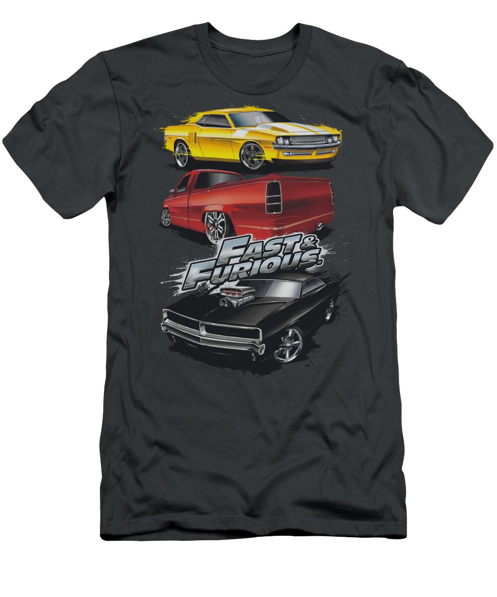Fast And The Furious T-Shirt featuring the digital art Fast And The Furious - Muscle Car Splatter by Brand A