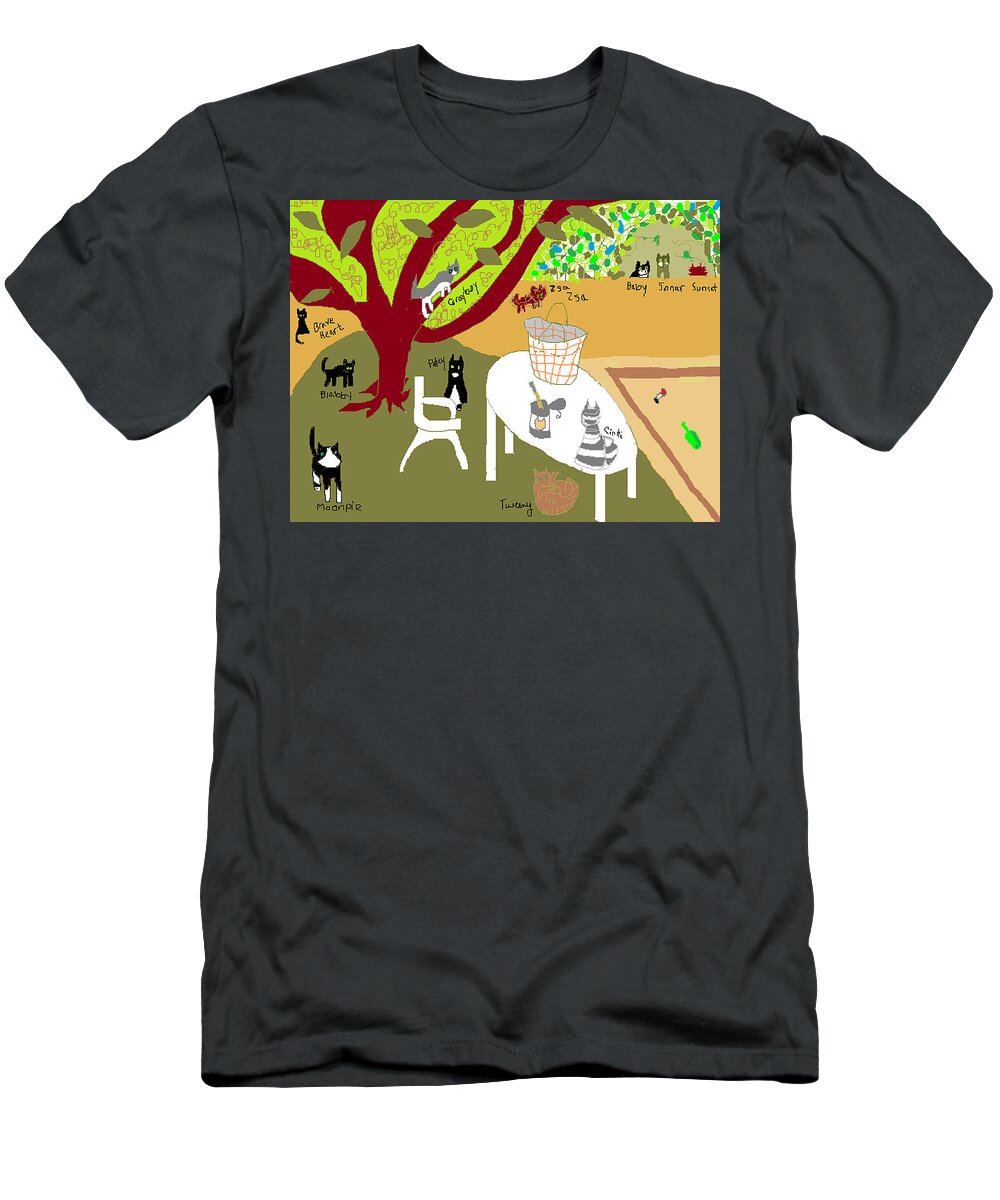 Fun Cats T-Shirt featuring the painting Feeding the Cats at the Park by Anita Dale Livaditis