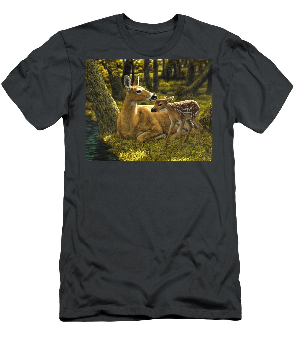 Deer T-Shirt featuring the painting First Spring - variation by Crista Forest