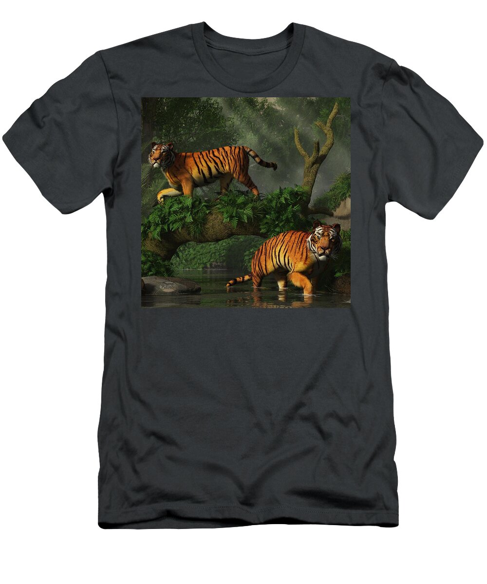 Tiger T-Shirt featuring the digital art Fishing Tigers by Daniel Eskridge