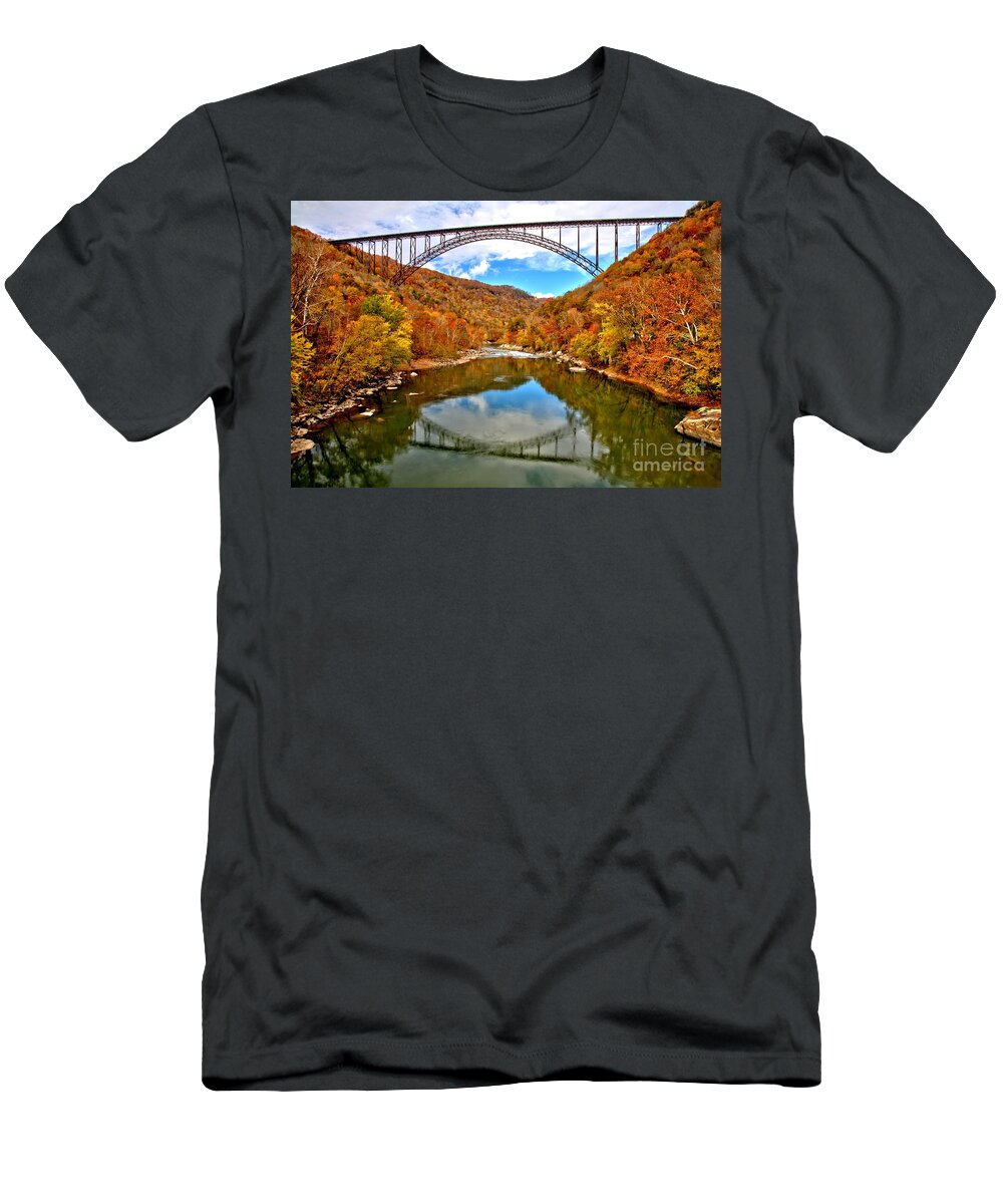 New River Gorge T-Shirt featuring the photograph Flaming Fall Foliage At New River Gorge by Adam Jewell