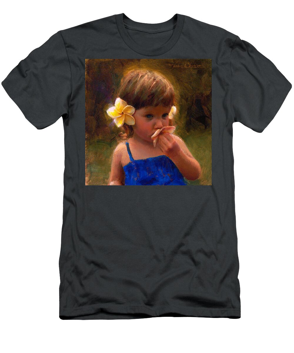 Plumeria T-Shirt featuring the painting Flower Girl - Tropical Portrait with Plumeria Flowers by K Whitworth