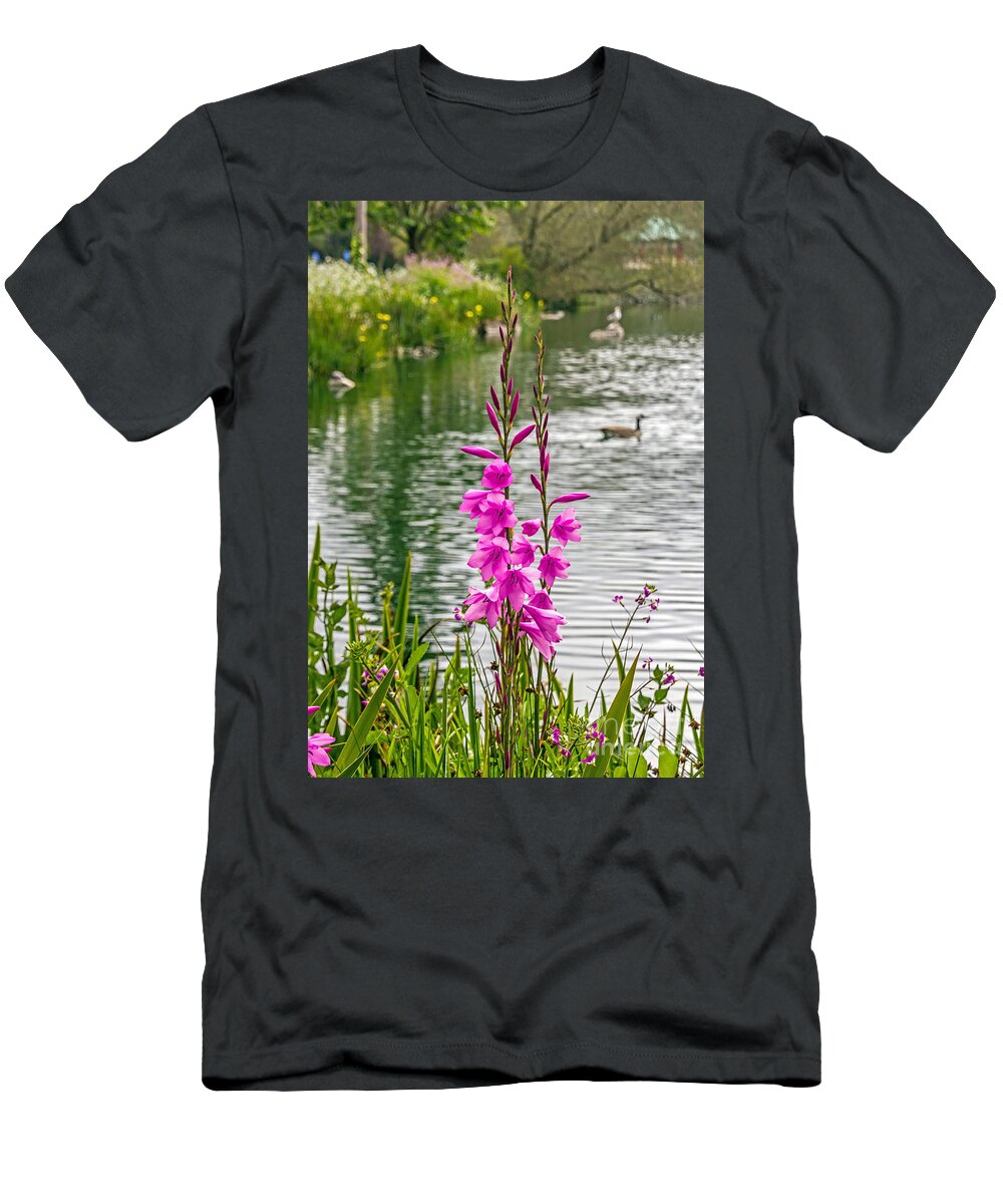 Bird T-Shirt featuring the photograph Flowers at the Lake by Kate Brown