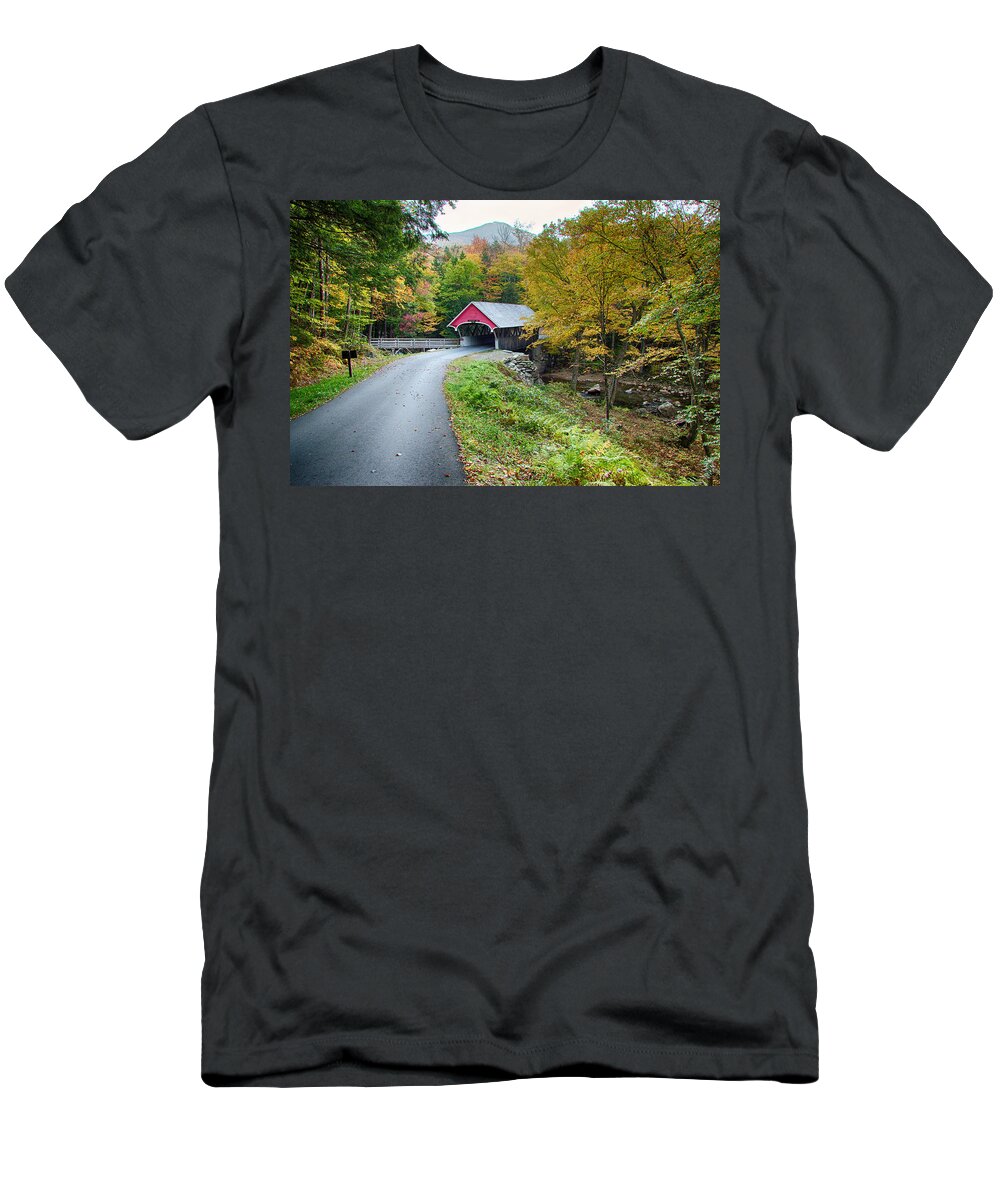 Autumn Foliage New England T-Shirt featuring the photograph Flume Gorge covered bridge by Jeff Folger