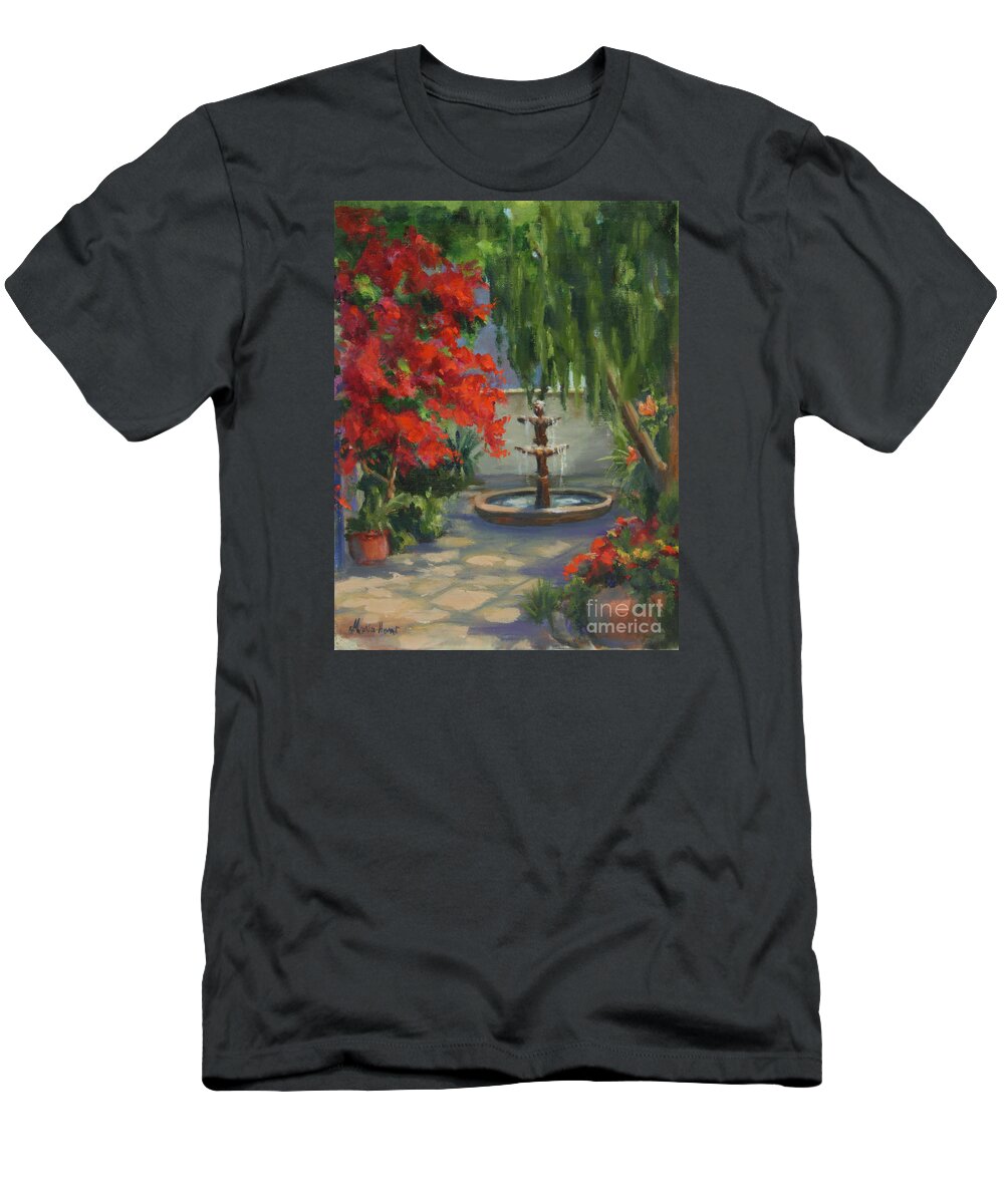 Fountain T-Shirt featuring the painting Relaxing in the Courtyard by Maria Hunt