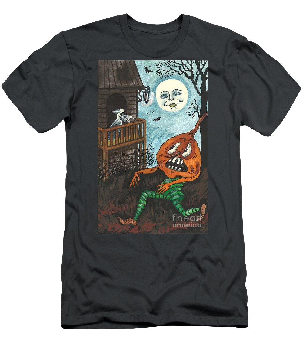 Halloween T-Shirt featuring the painting Frightened Pumpkinhead by Margaryta Yermolayeva