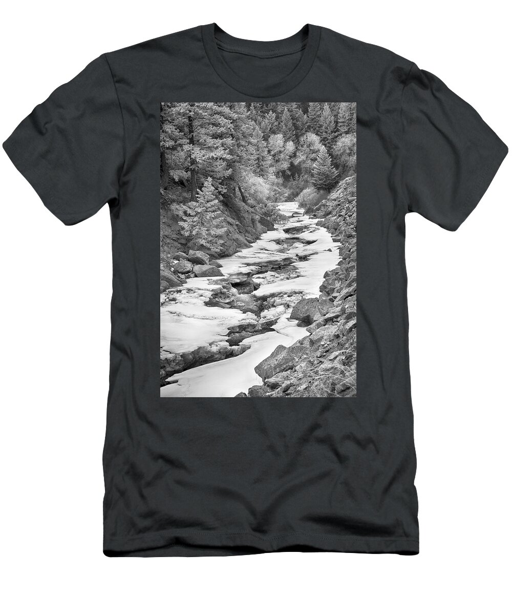 Winter T-Shirt featuring the photograph Frozen Boulder Creek Boulder Canyon Colorado BW by James BO Insogna