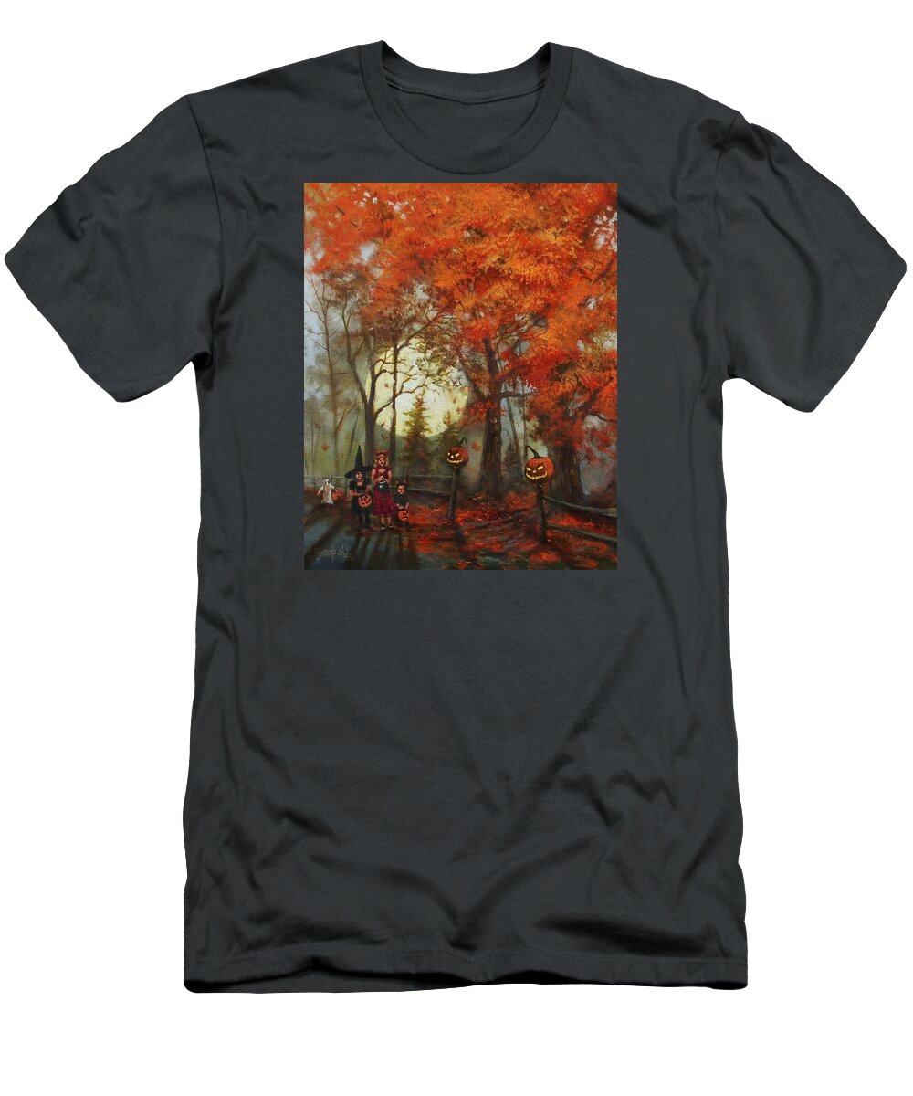  Autumn T-Shirt featuring the painting Full Moon on Halloween Lane by Tom Shropshire