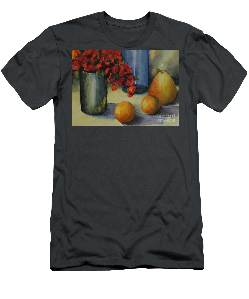 Pewter Vase T-Shirt featuring the photograph Geraniums with Pear and Oranges by Maria Hunt