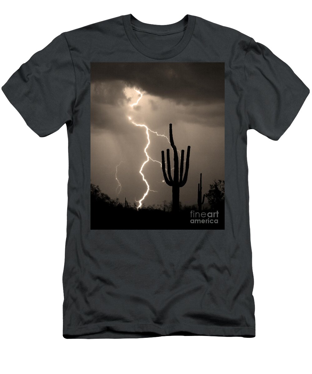 Weather T-Shirt featuring the photograph Giant Saguaro Cactus Lightning Strike Sepia by James BO Insogna