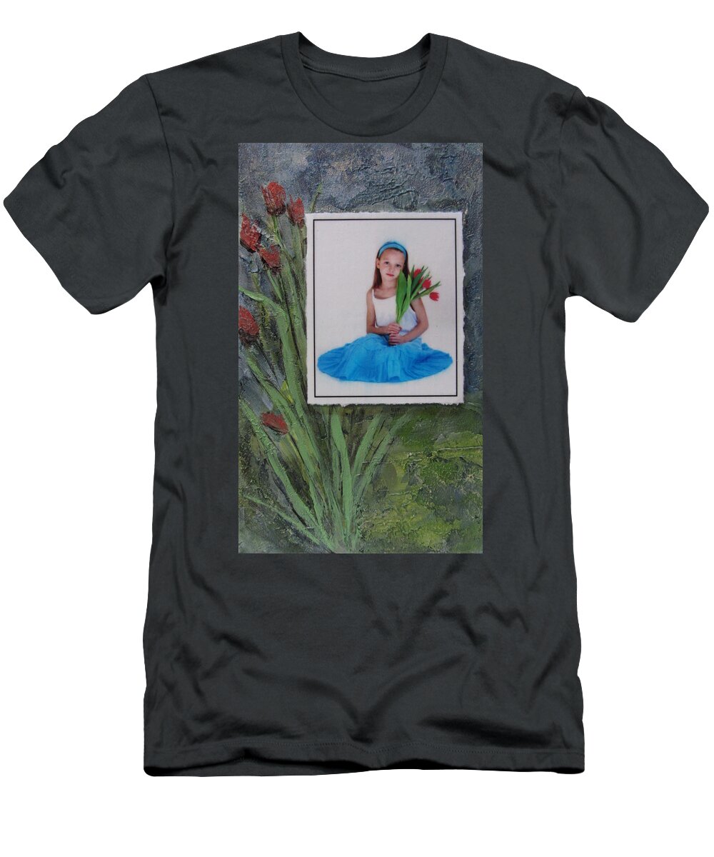 Girl T-Shirt featuring the mixed media Girl with Tulips by Anita Burgermeister