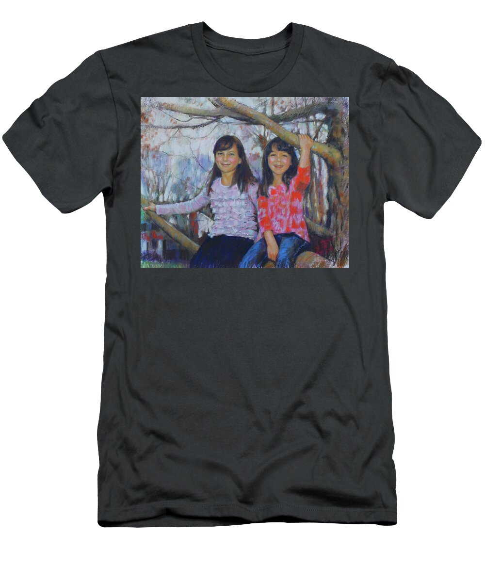Girls T-Shirt featuring the drawing Girls upon the Tree by Viola El