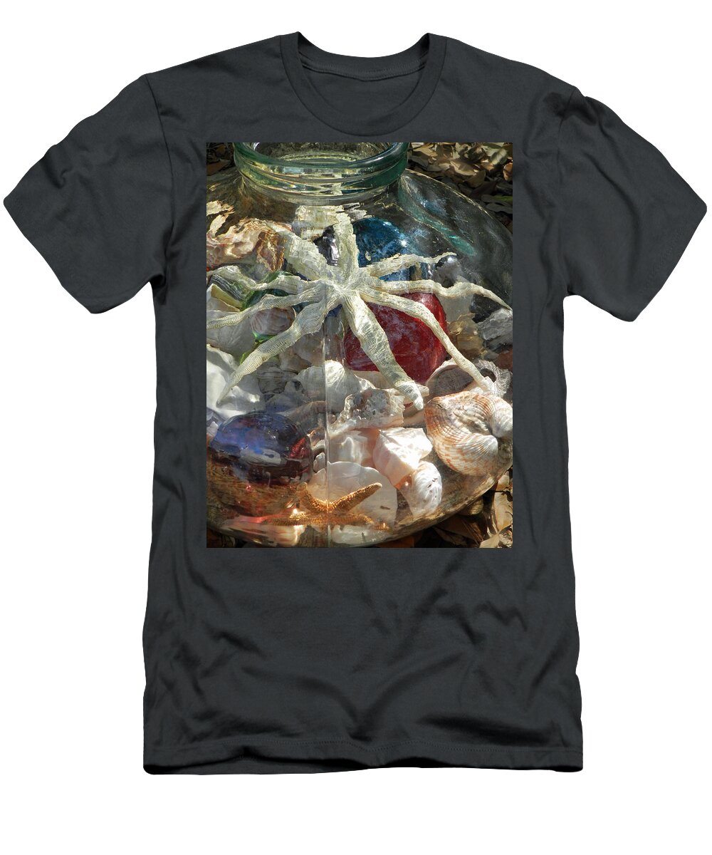 Shells T-Shirt featuring the photograph Glass jar with Starfish and Shells by Deborah Ferree