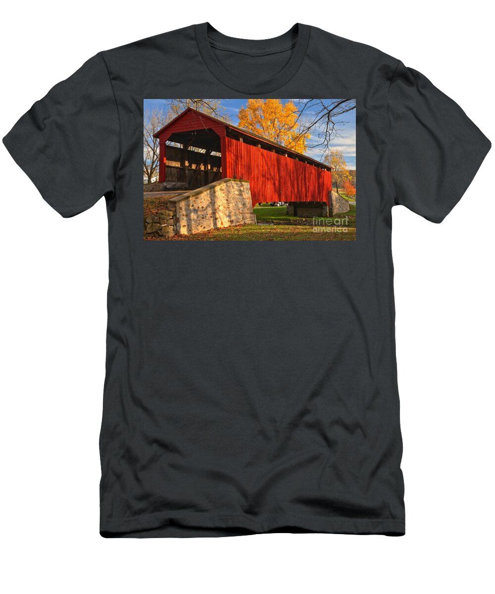 Poole Forge Covered Bridge T-Shirt featuring the photograph Gold Above The Poole Forge Covered Bridge by Adam Jewell