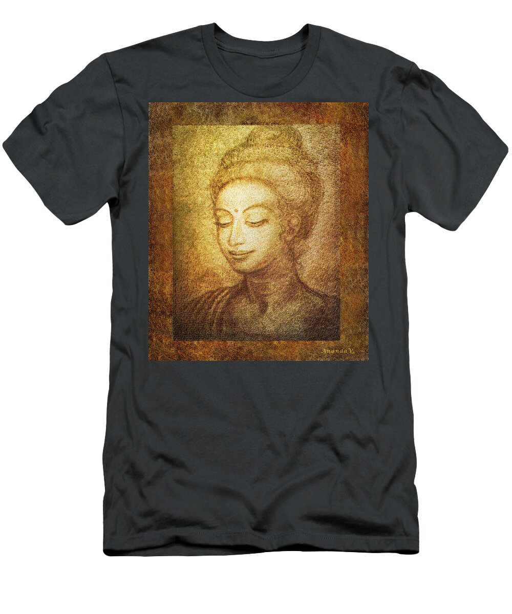 Buddha T-Shirt featuring the mixed media Golden Buddha by Ananda Vdovic