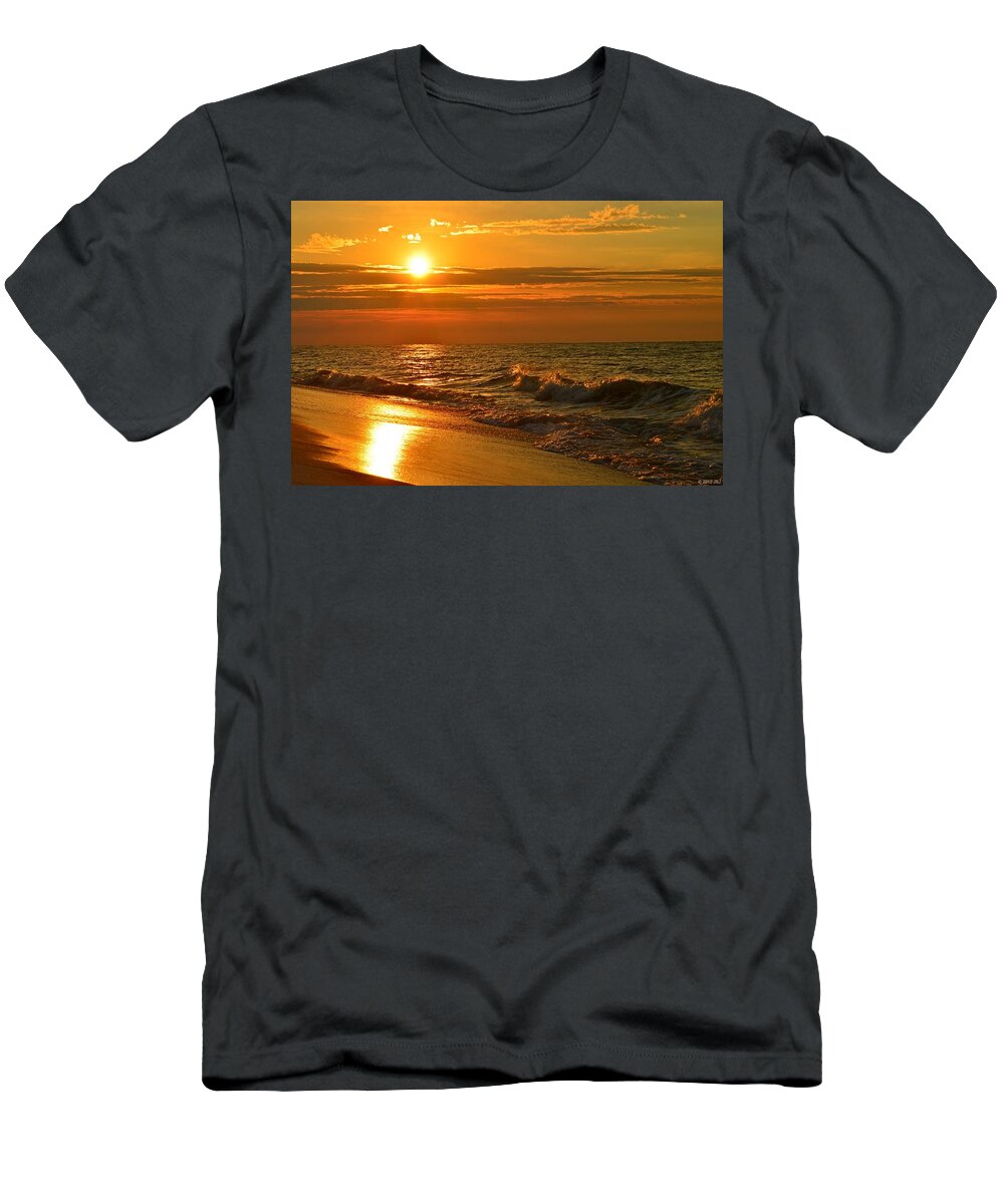 Golden T-Shirt featuring the photograph Golden Sunrise Colors with Waves and Horizon Clouds on Navarre Beach by Jeff at JSJ Photography