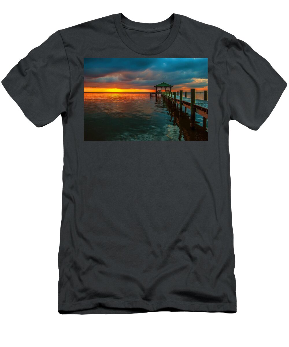 Palm T-Shirt featuring the digital art Green Dock and Golden Sky by Michael Thomas