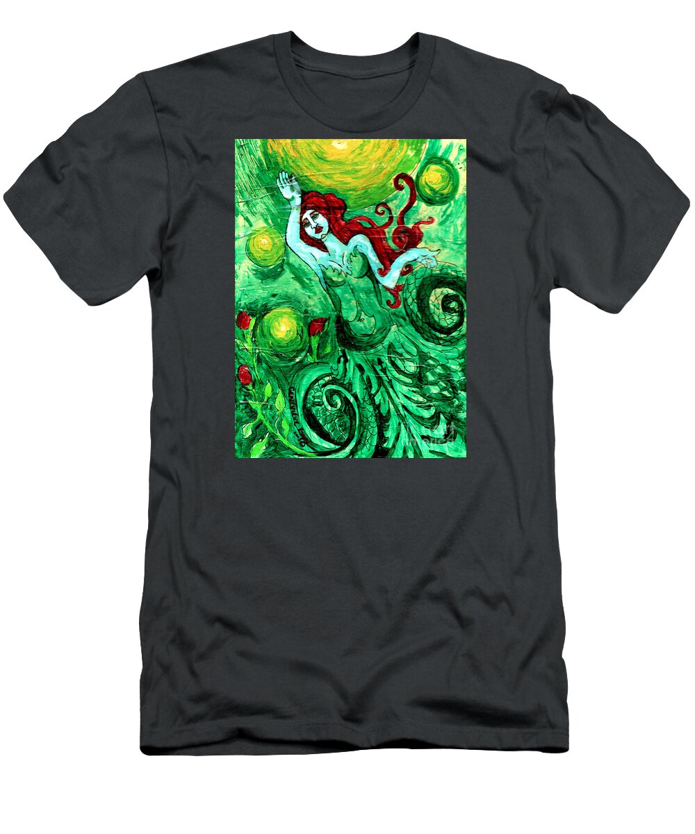 Mermaid T-Shirt featuring the painting Green Mermaid With Red Hair And Roses by Genevieve Esson