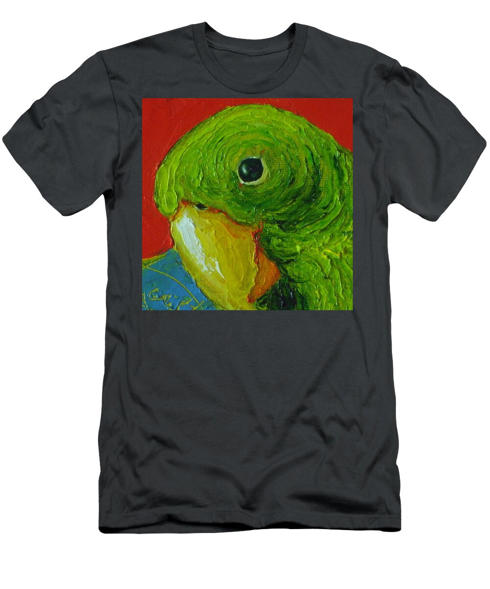 Green T-Shirt featuring the painting Little Green Parrot by Paris Wyatt Llanso