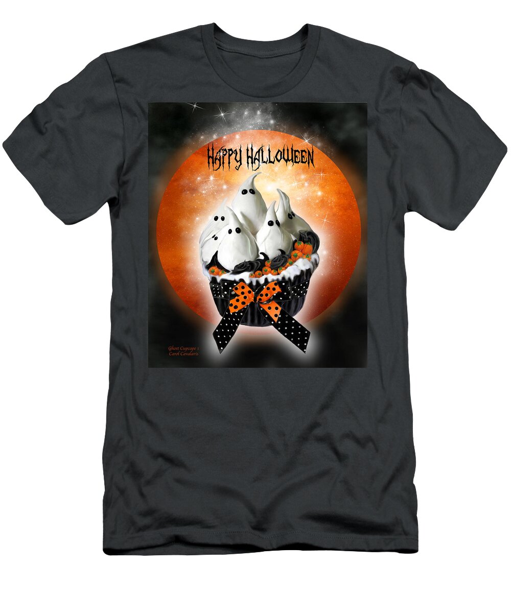 Halloween Cupcake Art T-Shirt featuring the mixed media Halloween Ghost Cupcake 1 by Carol Cavalaris