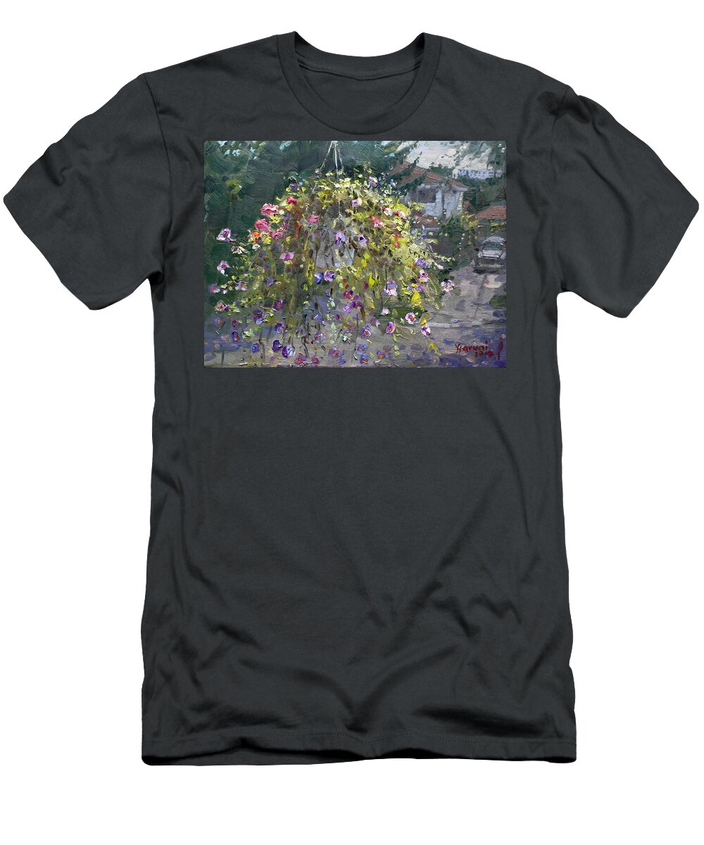 Hanging Flowers T-Shirt featuring the painting Hanging Flowers from Balcony by Ylli Haruni