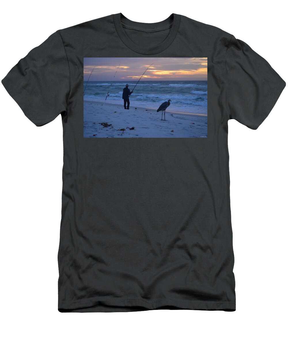 Harry The Heron T-Shirt featuring the photograph Harry the Heron Fishing with Fisherman on Navarre Beach at Sunrise by Jeff at JSJ Photography