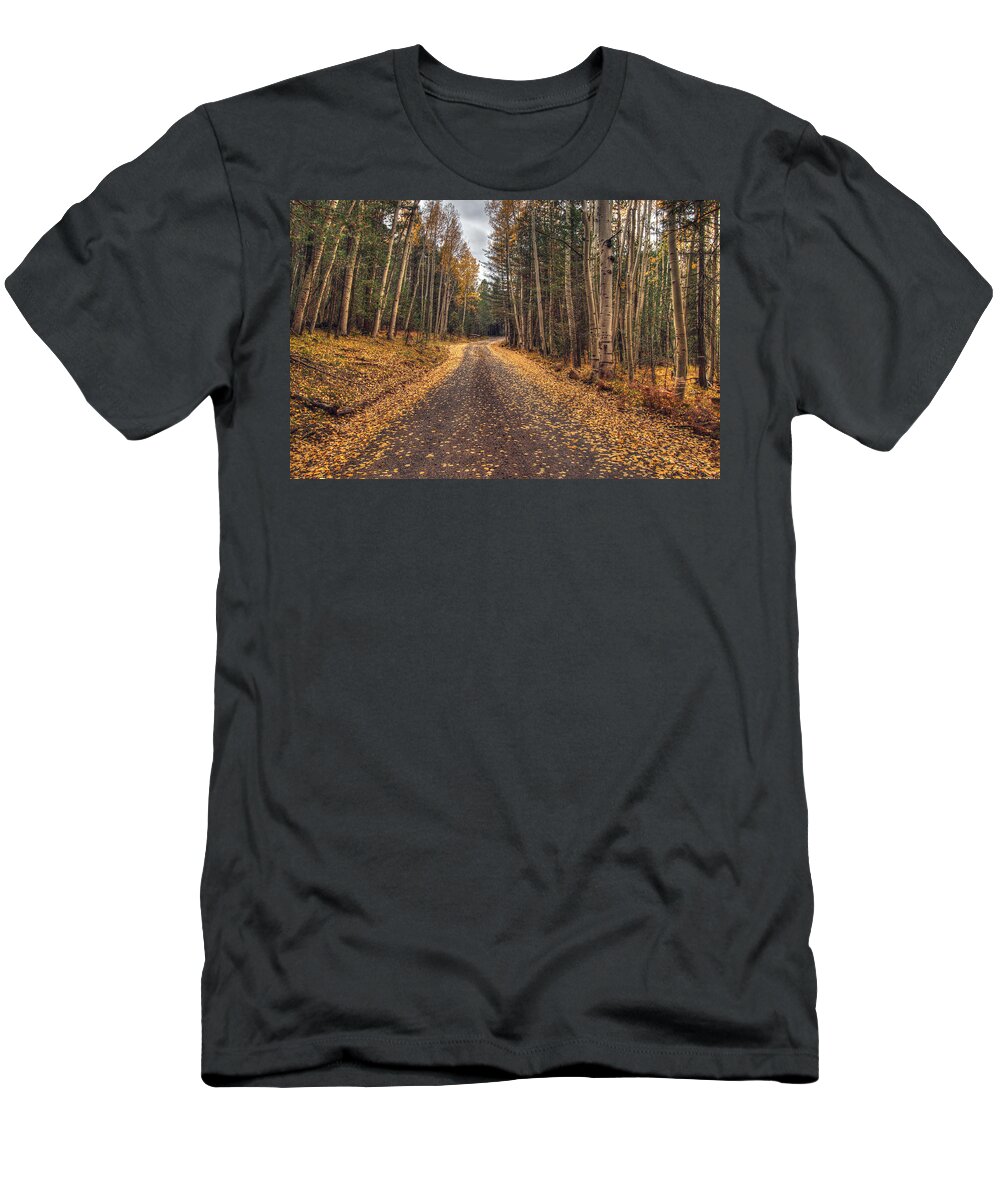 Fall Color; Fall; Aspens; Trees; Aspen Trees; Flagstaff; Arizona; Southwest; Landscapes; Leaves; Fallen Leaves; Hdr T-Shirt featuring the photograph Hart Prairie Aspens by Tam Ryan