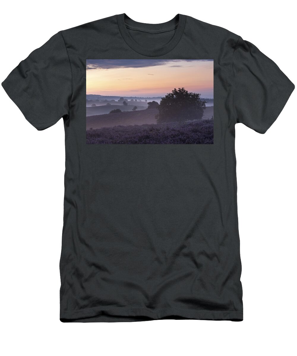 Ronald Kamphius T-Shirt featuring the photograph Heather Field In Morning Gelderland by Ronald Kamphius